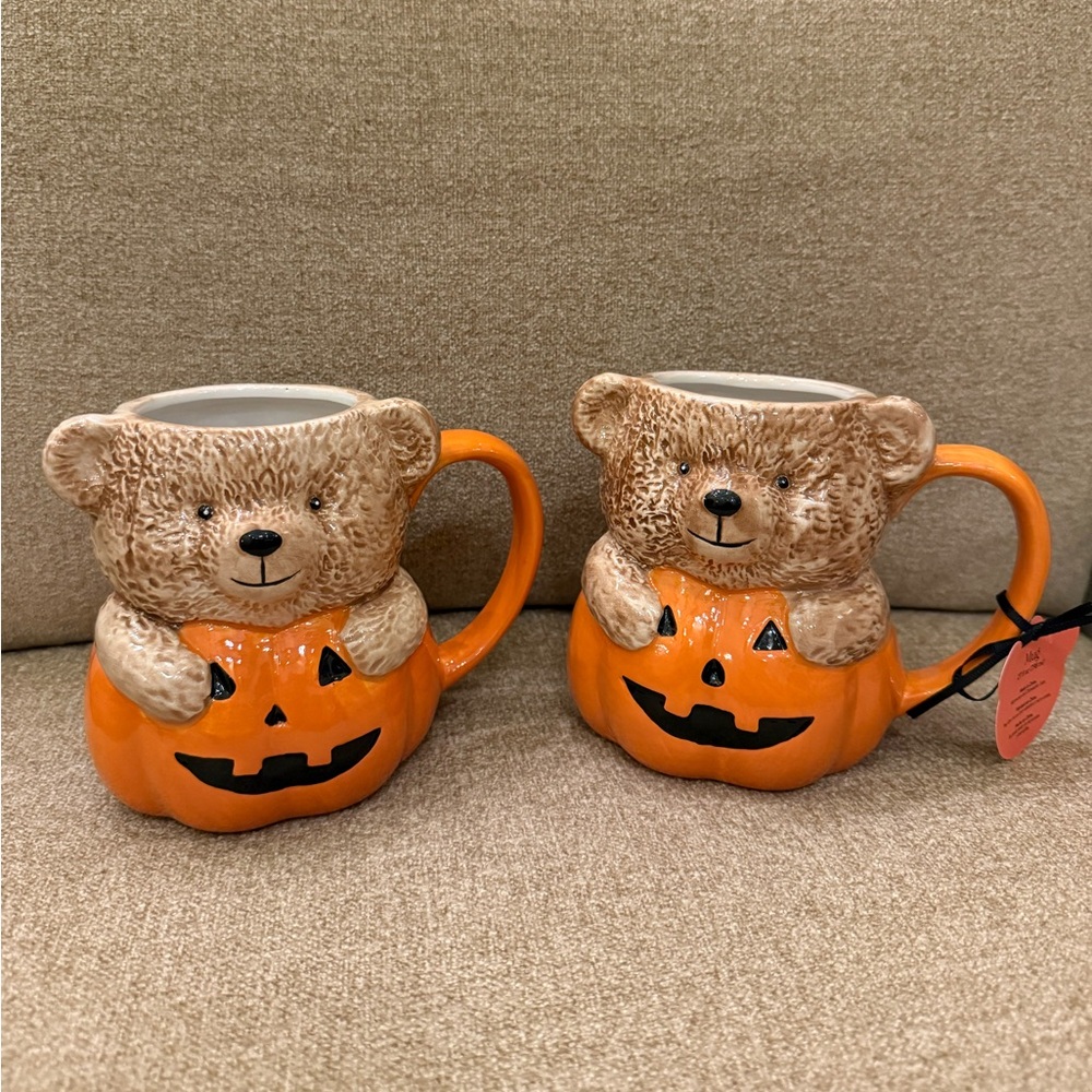 Teddy Bear Pumpkin Halloween Ceramic Mugs Set of 2 Creepy Critters Brand New